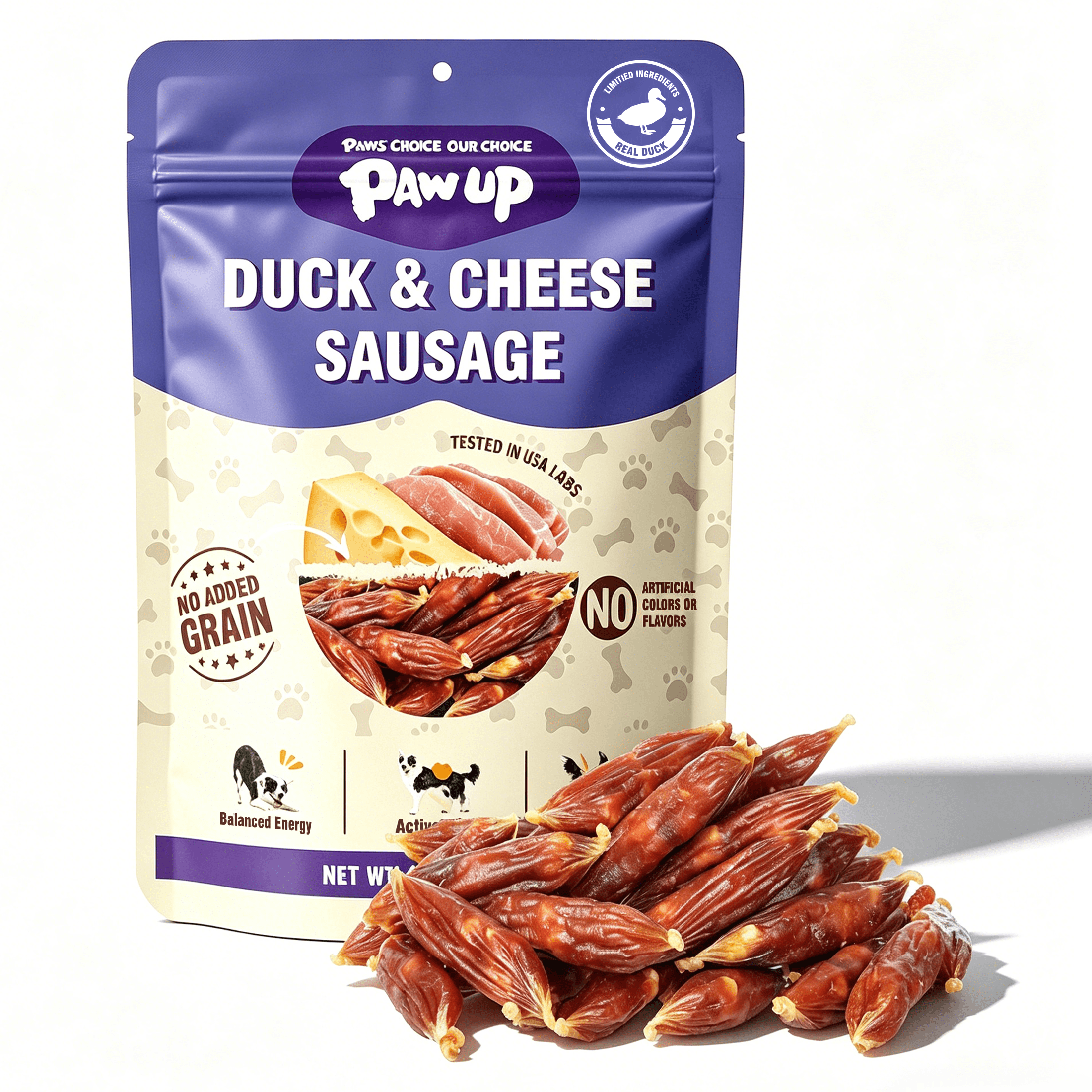 PAWUP Duck Sausage with Cheese Dog Treats, Natural Dog Snacks for Small Medium Large Dogs, Training Treats for Dogs, 10.6oz - Pawup