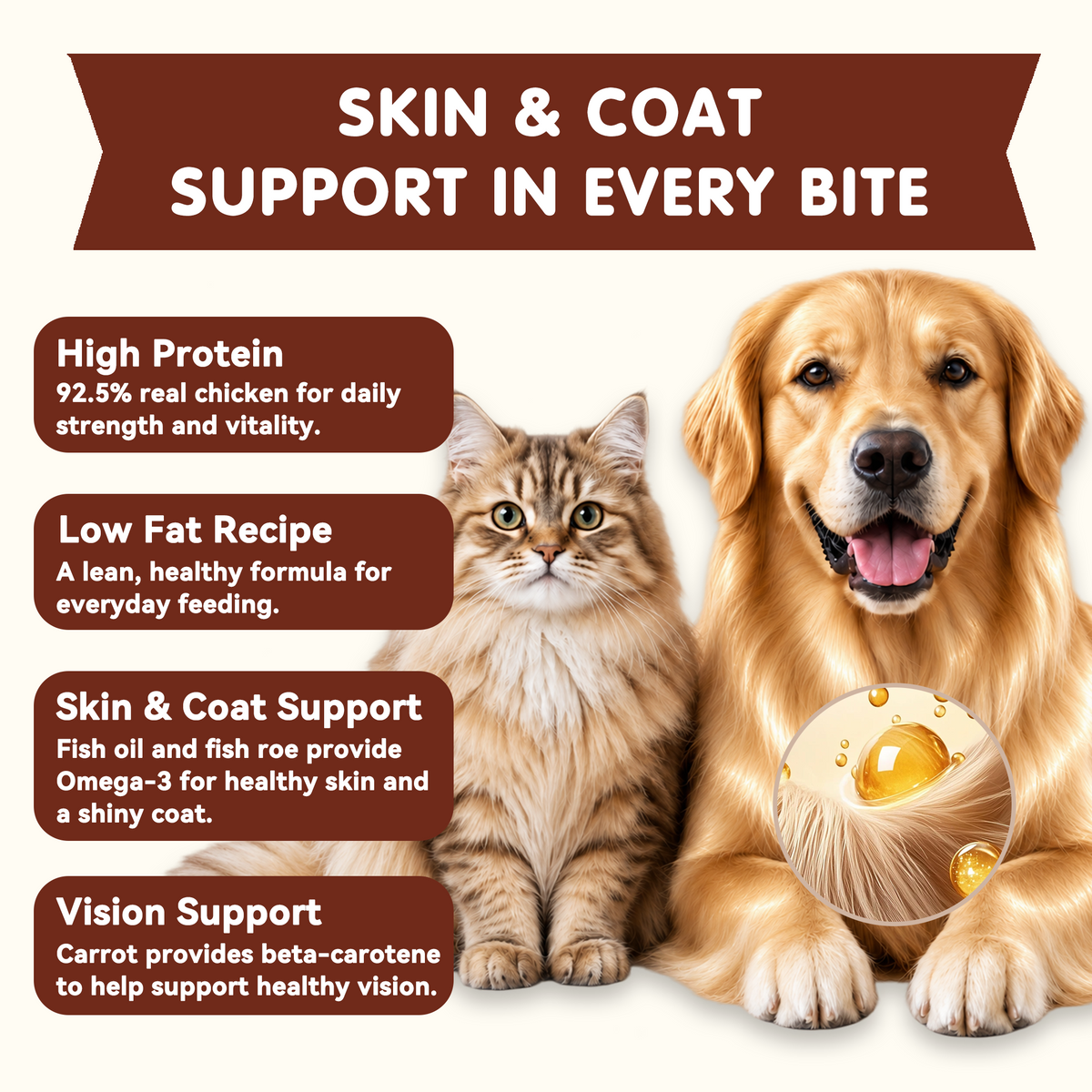 PAWUP Steamed Chicken Wet Food Tooper Dog & Cat Treat - Only 4 Ingredients, Skin & Coat Support, Low Fat Soft Wet Treats for Puppies, Kittens & Senior Pets, 8 Count, 8.5 oz Bag