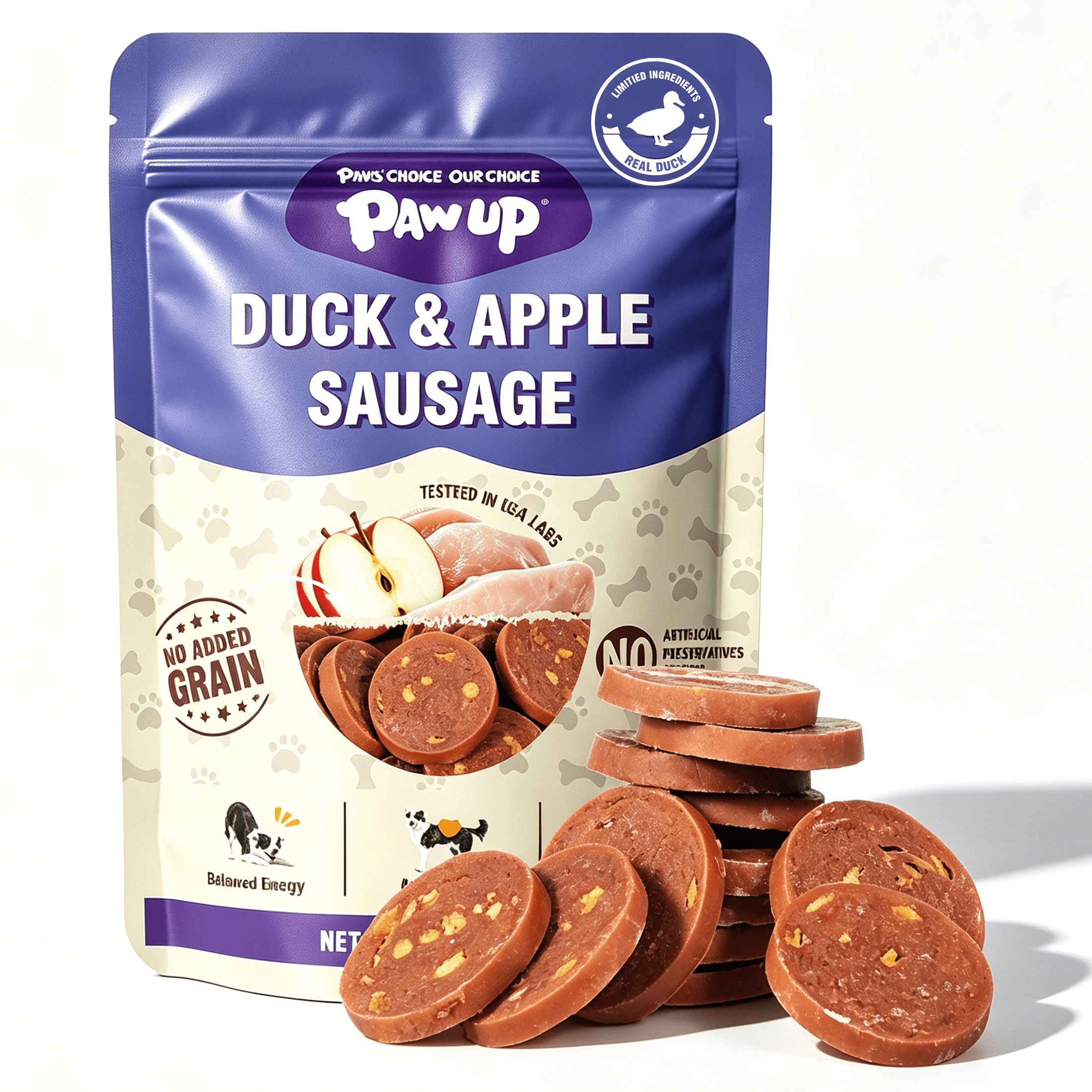 PAWUP Duck Sausage with Apple Dog Treats, Human Grade Dog Food for Small Medium Large Dogs, Training Treats for Dogs, 10.6oz - Pawup