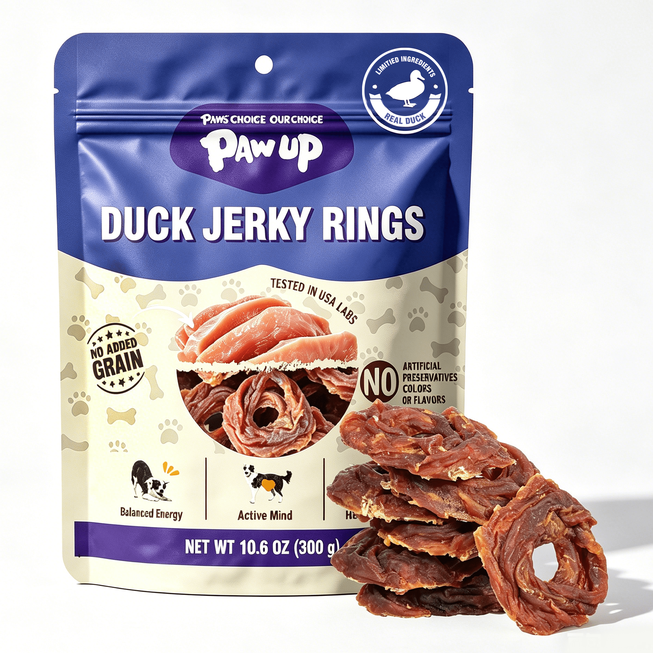PAWUP Dog Treats Duck Jerky Rings, High Protein Training Treats for Small Medium Large Dogs, Heart Health with Taurine, 10.6oz - Pawup