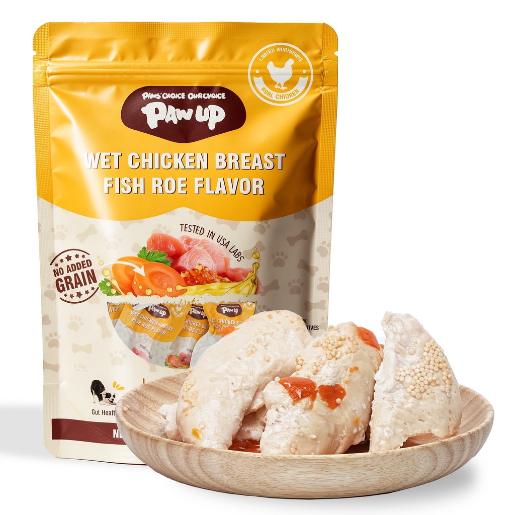PAWUP Steamed Chicken Wet Food Tooper Dog & Cat Treat - Only 4 Ingredients, Skin & Coat Support, Low Fat Soft Wet Treats for Puppies, Kittens & Senior Pets, 8 Count, 8.5 oz Bag