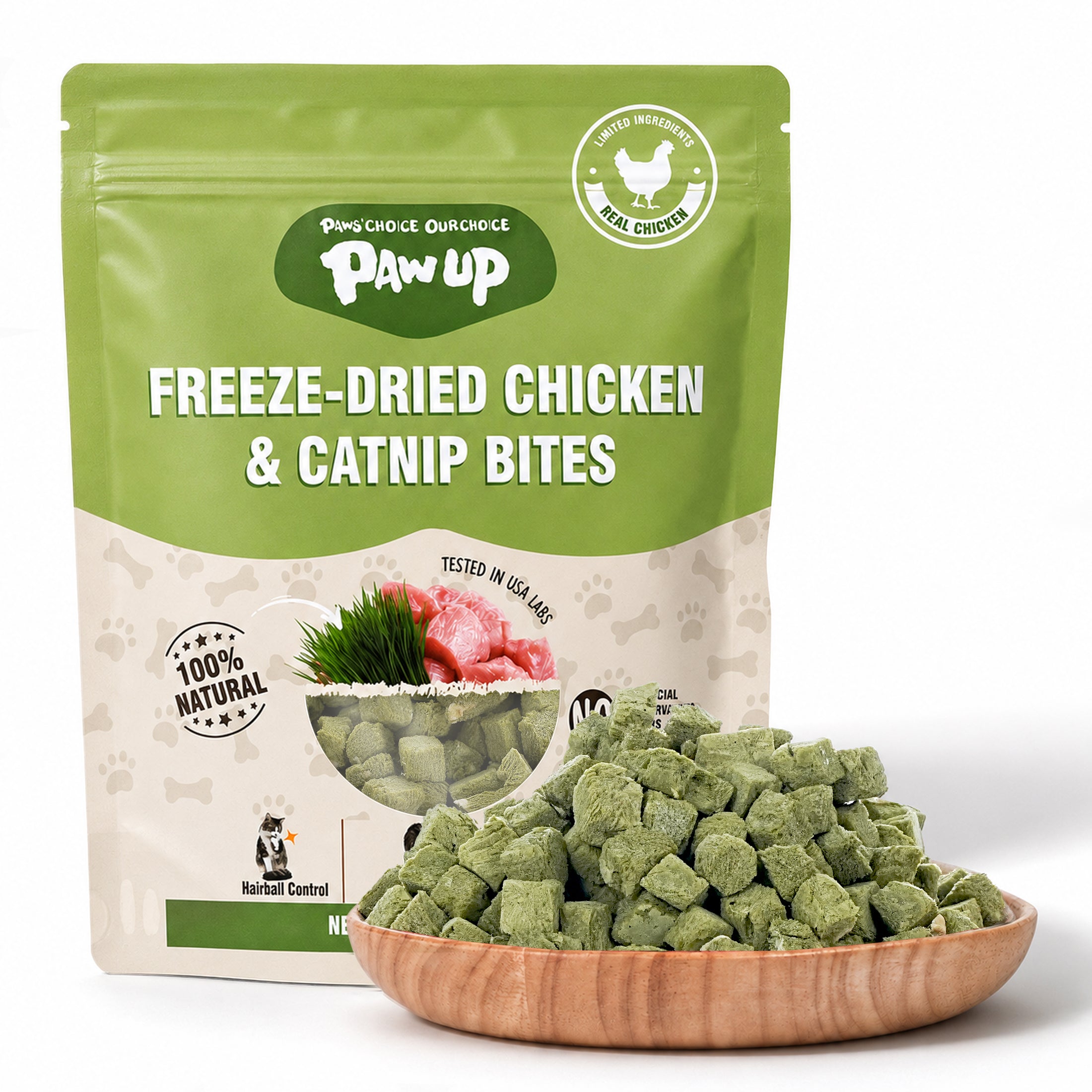 PAWUP Freeze Dried Cat Treats, Real Chicken with Cat Grass, High Protein Crunchy Snack for Kittens Adult Senior Cats, 3.6 oz Bag