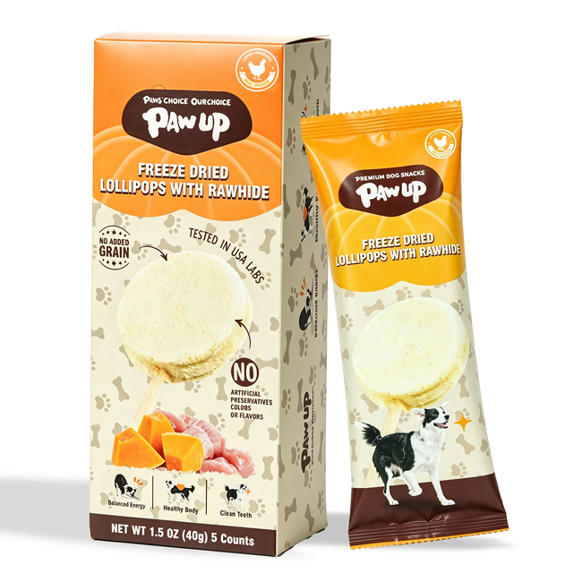 PAWUP Dog Treat Freeze-Dried Chicken & Pumpkin Lollipops with Rawhide, Dental Chew & High Protein Training Treats for Small, Medium & Large Dogs, 1.5 oz 5 Counts - Pawup Hover Image