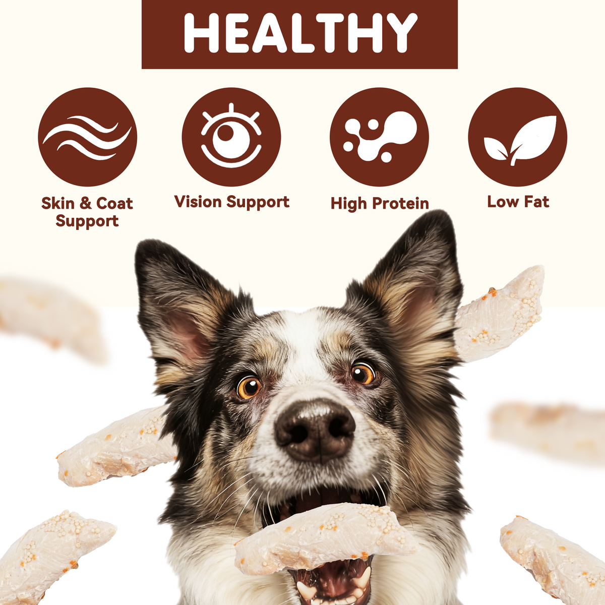 PAWUP Steamed Chicken Wet Food Tooper Dog & Cat Treat - Only 4 Ingredients, Skin & Coat Support, Low Fat Soft Wet Treats for Puppies, Kittens & Senior Pets, 8 Count, 8.5 oz Bag