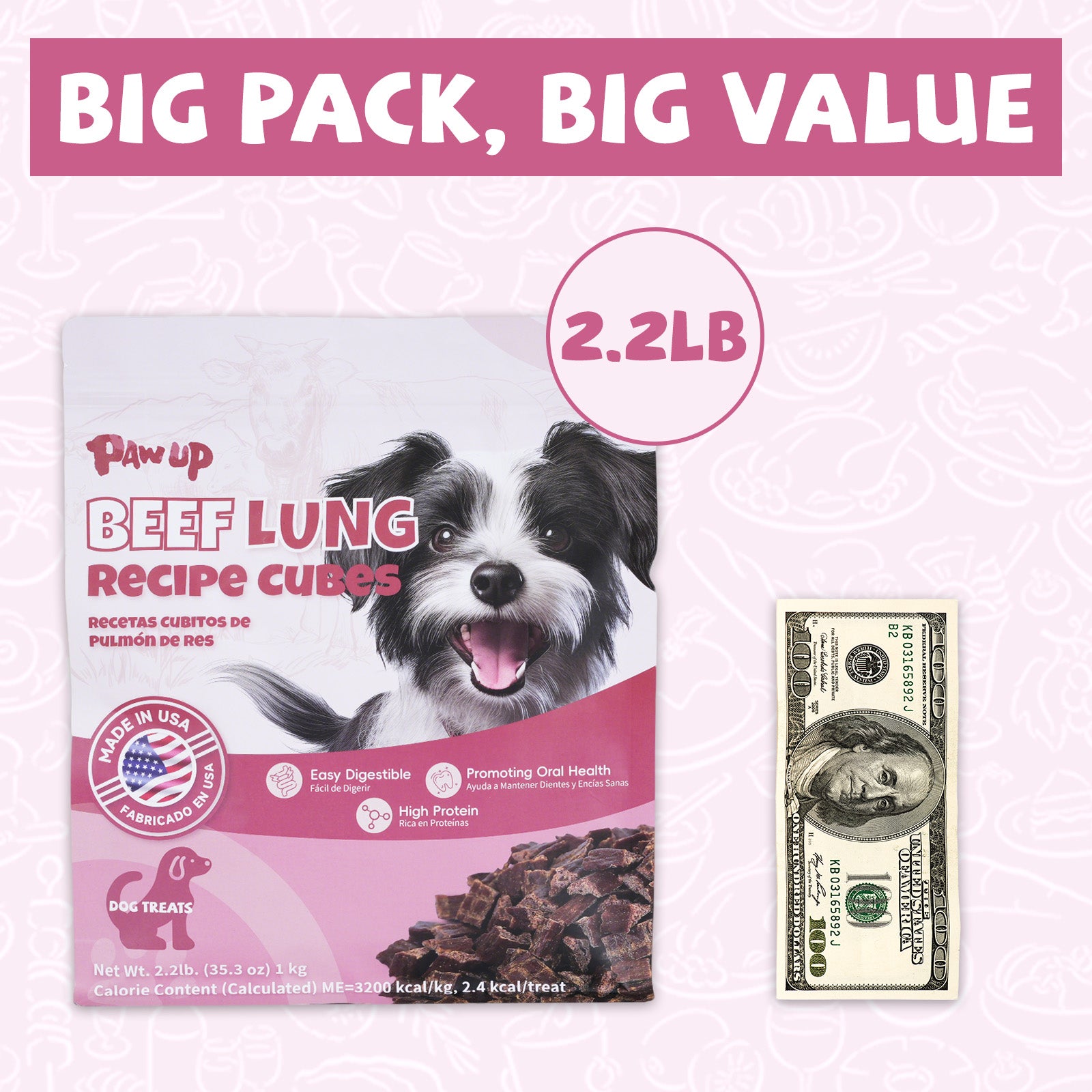 Beef Lung Dog Treats, High-Protein, Low-Fat Chews for All Dogs, 2.2 lb - Pawup