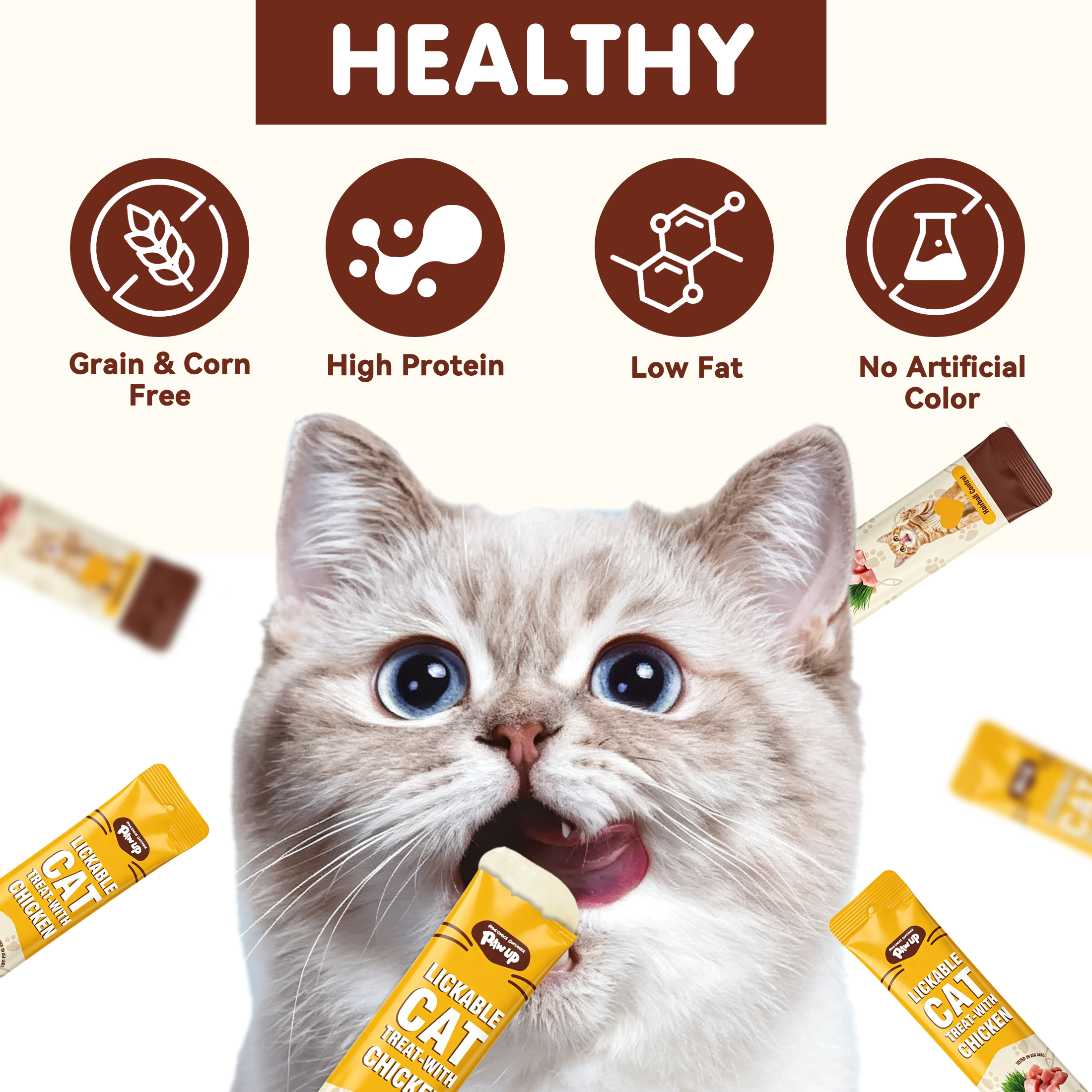 PAWUP Cat Treats Chicken Squeeze Up Puree Indoor Cat Treats for Hairball Control, Lickable Wet Treats with Cat Grass, Grain-Free Healthy Snacks for All Cats, 20 Count