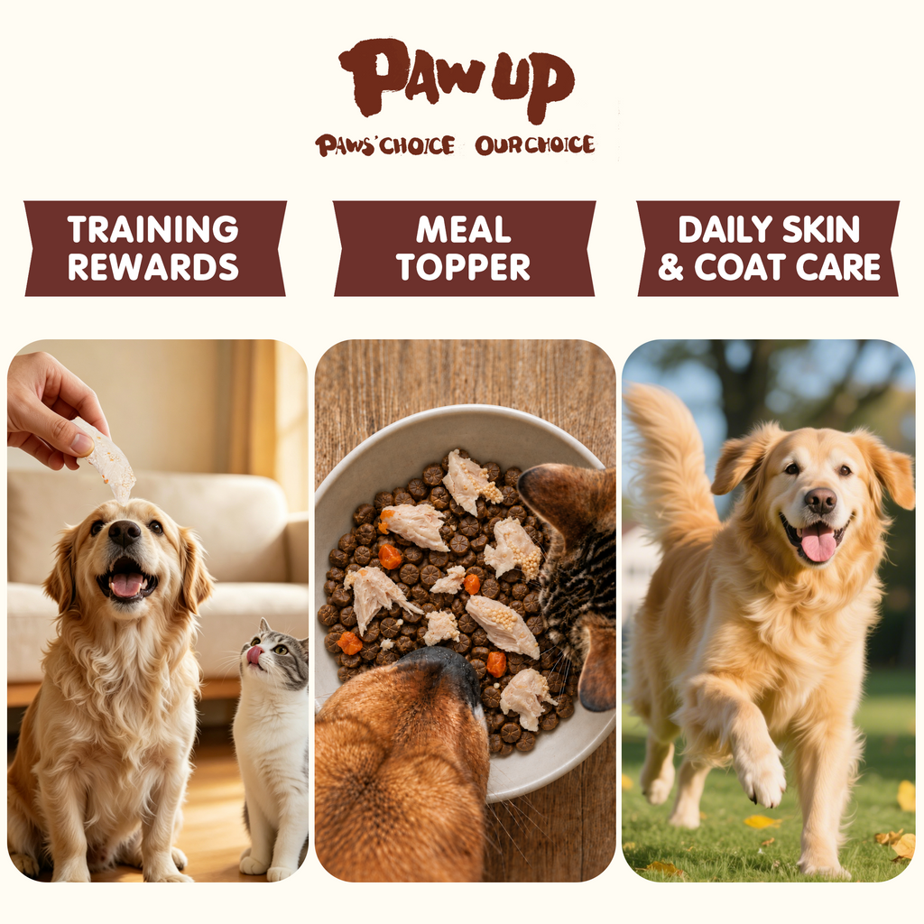 PAWUP Steamed Chicken Wet Food Tooper Dog & Cat Treat - Only 4 Ingredients, Skin & Coat Support, Low Fat Soft Wet Treats for Puppies, Kittens & Senior Pets, 8 Count, 8.5 oz Bag