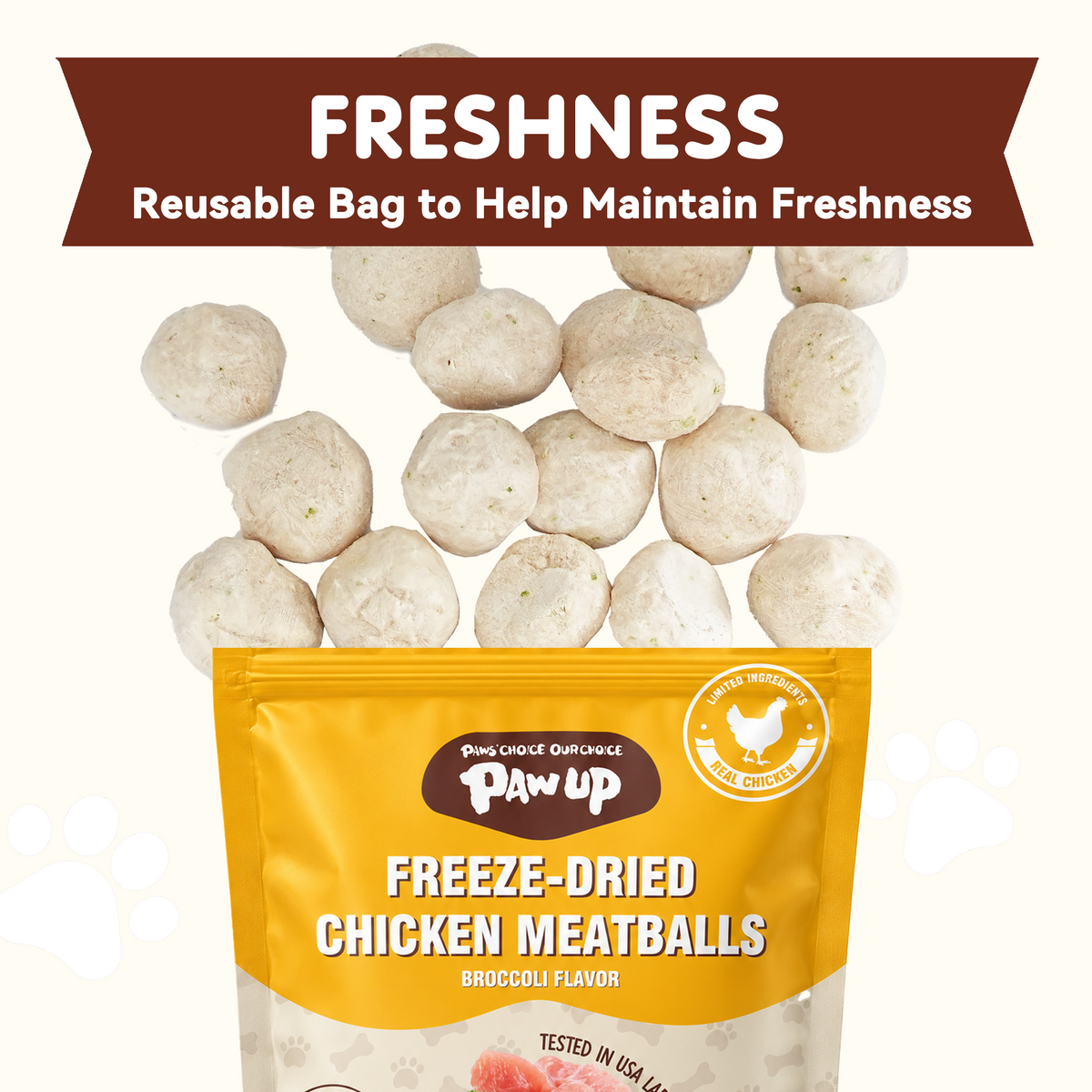 PAWUP Freeze Dried Chicken Dog Treats, 96.8% Real Chicken Meatballs, Grain-Free Training Treats for Dogs & Cats, 3.5 oz Bag - Pawup
