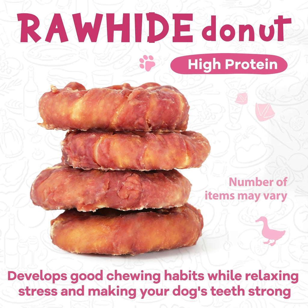 Duck Rawhide Ring Dog Treats, Long-Lasting Chews for Aggressive Chewers, 4 Pack (12.5 oz) - Pawup