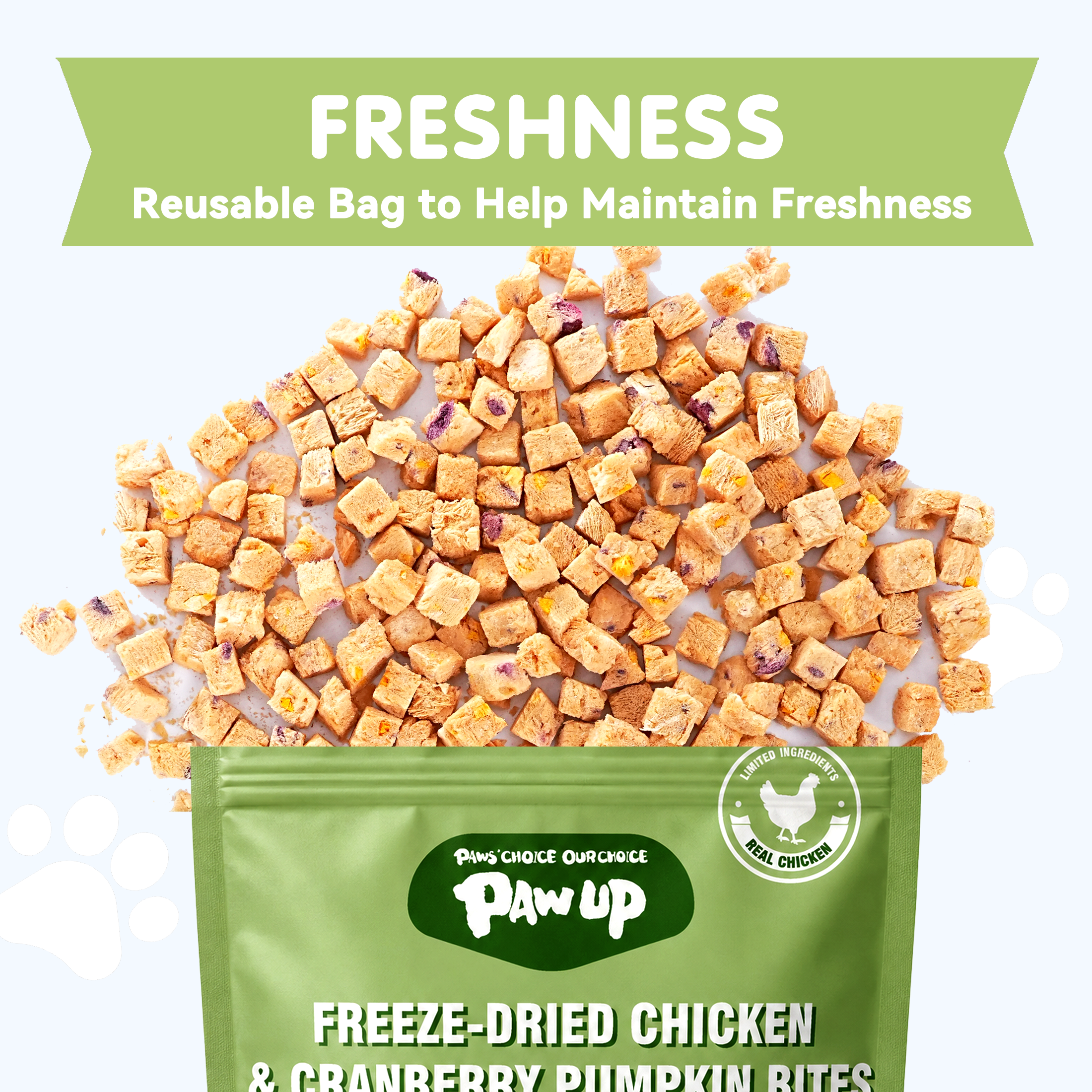 PAWUP Freeze Dried Dog Treats, Real Chicken with Cranberry & Pumpkin, High Protein Crunchy Training Snack for Small Medium Large Dogs, 3.6 oz Bag