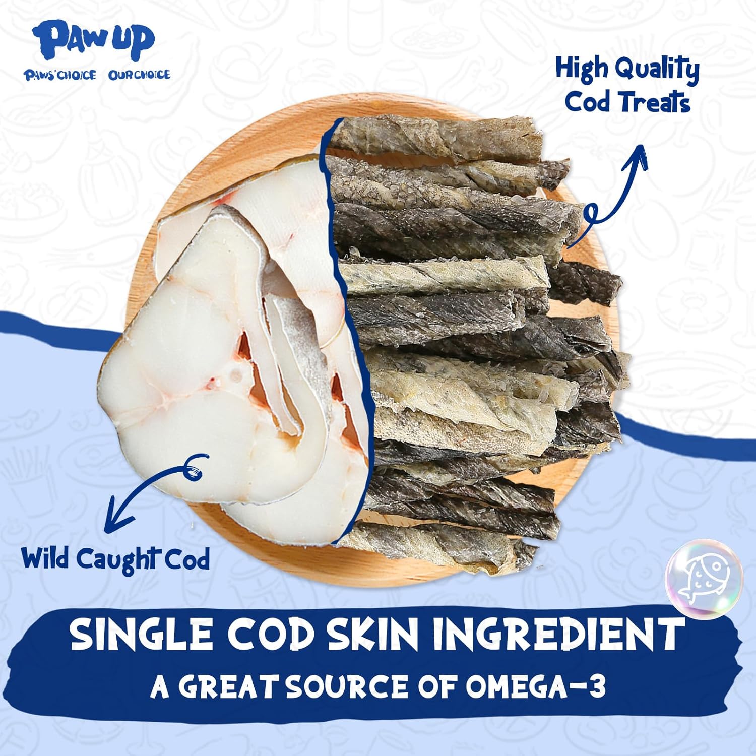 Cod Skin Dog Treats Natural High Omega 3 Dog Snacks, Single Ingredient Cod Skin Chews for Small Dogs w/Taurine, 8 oz - Pawup
