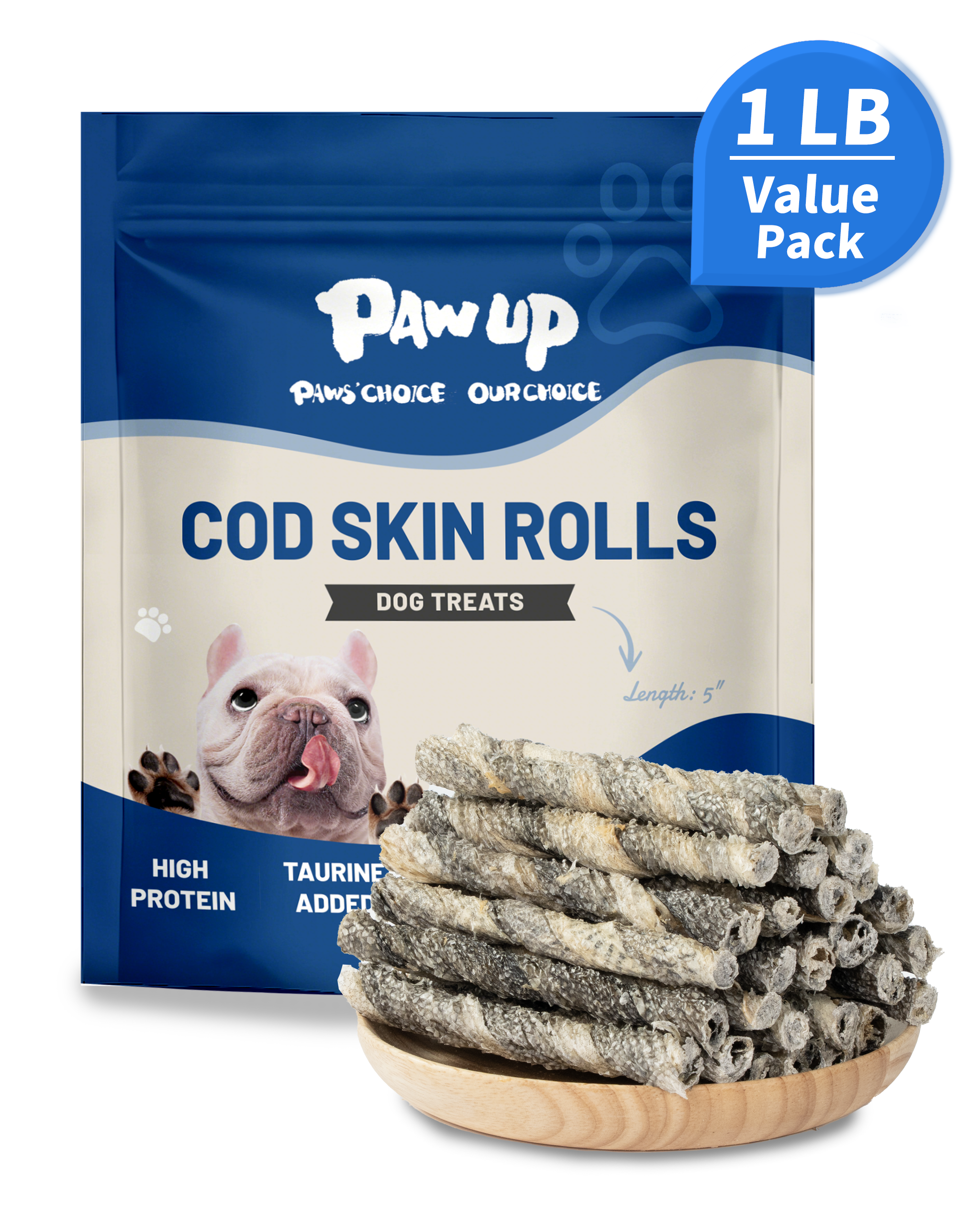 PAWUP Cod Skin Rolls Dog Treats Natural High Omega 3 Dog Snacks, Single Ingredient Cod Skin Chews for Small Dogs w/Taurine, 16 oz - Pawup