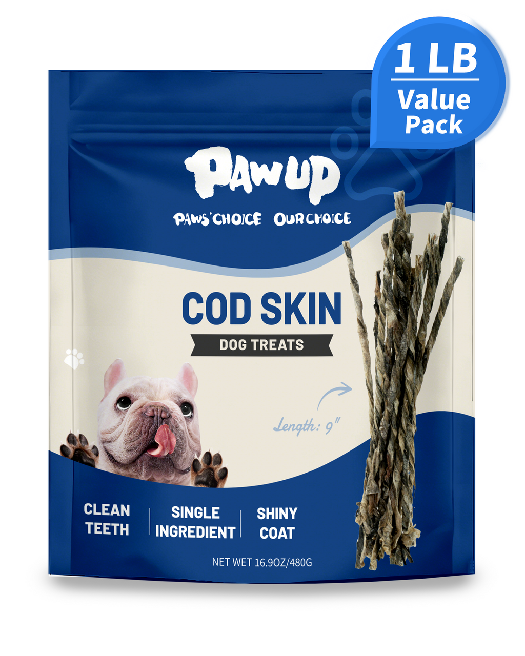 PAWUP Cod Skin Strips Dog Treats, Natural Fish Skin Chews, Omega-3 Rich for Skin & Coat Health, Single Ingredient Dog Snacks for Small & Medium Dogs, 16 oz - Pawup