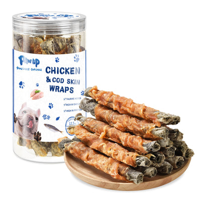 Cod Dog Treat, Chicken Wrapped Cod Skin Chew Fish Rolls, 12.5 oz - Pawup